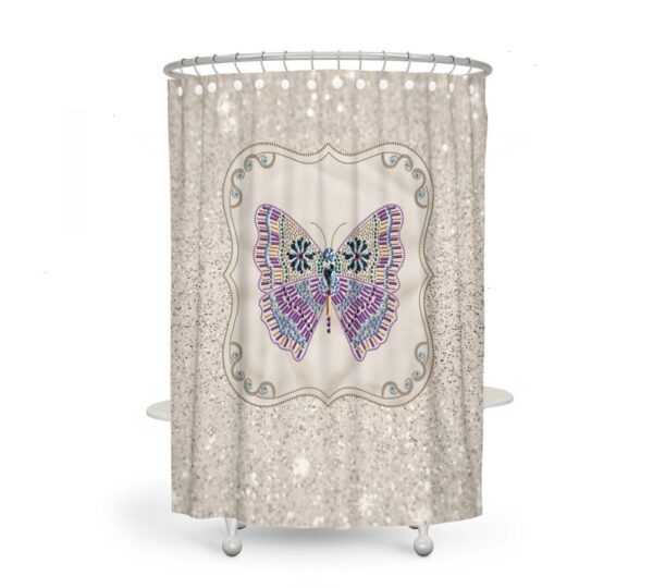 Boho Chic Shower Curtain, Sparking Butterfly, Optional Bath Mat Bathroom Set Gypsy Spirit