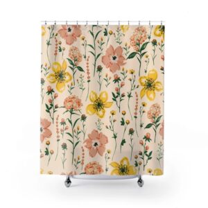 Botanical Flower Field Herbs Bathroom Decor Greenery Shower Curtain, Plant Leaves Shower Curtain