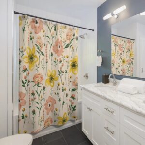 Botanical Flower Field Herbs Bathroom Decor Greenery Shower Curtain, Plant Leaves Shower Curtain