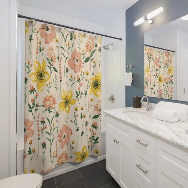 Botanical Flower Field Herbs Bathroom Decor Greenery Shower Curtain, Plant Leaves Shower Curtain