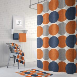 Burnt Orange Gray Navy Shower Curtain, Mid Century Modern Bathroom Decor, Retro Shower Curtain