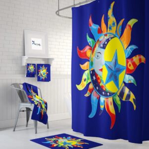 Celestial Sun and Moon Boho Shower Curtain Optional Bath Mat Bathroom Fiesta of Colors