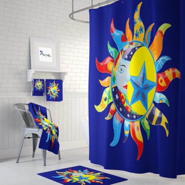 Celestial Sun and Moon Boho Shower Curtain Optional Bath Mat Bathroom Fiesta of Colors