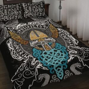 Celtic Raven and Wolf Odin's Helmet Viking Quilt Bed Set, Viking Bed Set Throw, Twin, Queen, King Size, Viking Quilt Bedding Set Blanket, Viking Quilt For Bedroom, Gifts for Viking Lover