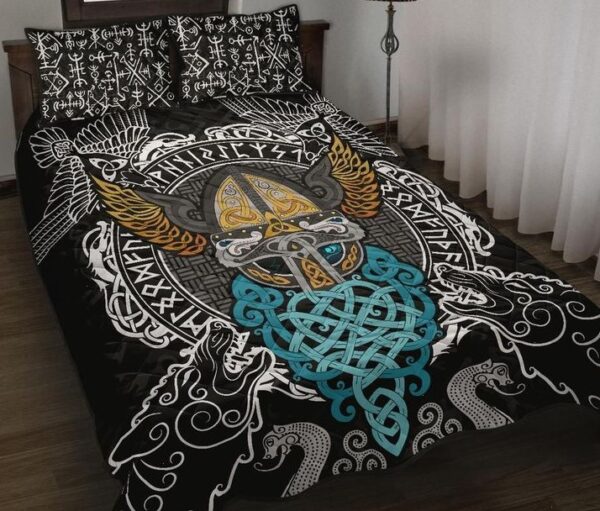 Celtic Raven and Wolf Odin's Helmet Viking Quilt Bed Set, Viking Bed Set Throw, Twin, Queen, King Size, Viking Quilt Bedding Set Blanket, Viking Quilt For Bedroom, Gifts for Viking Lover