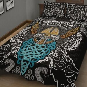 Celtic Raven and Wolf Odin's Helmet Viking Quilt Bed Set, Viking Bed Set Throw, Twin, Queen, King Size, Viking Quilt Bedding Set Blanket, Viking Quilt For Bedroom, Gifts for Viking Lover