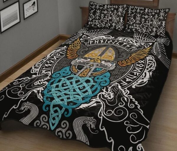 Celtic Raven and Wolf Odin's Helmet Viking Quilt Bed Set, Viking Bed Set Throw, Twin, Queen, King Size, Viking Quilt Bedding Set Blanket, Viking Quilt For Bedroom, Gifts for Viking Lover