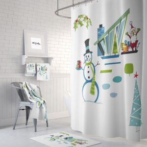 Christmas Shower Curtain, Mid Century Modern Design, Snowman Santa, Retro Holiday Decor