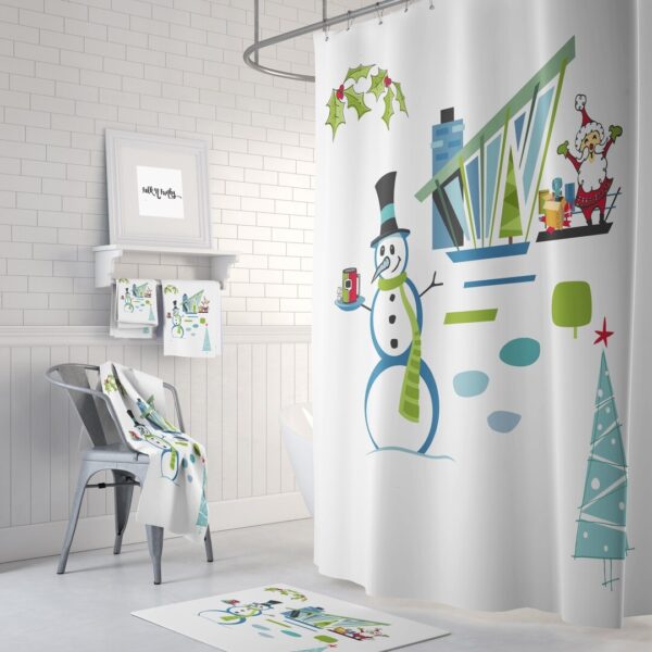 Christmas Shower Curtain, Mid Century Modern Design, Snowman Santa, Retro Holiday Decor