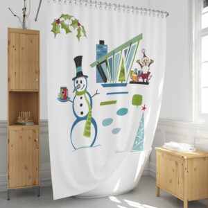 Christmas Shower Curtain, Mid Century Modern Design, Snowman Santa, Retro Holiday Decor