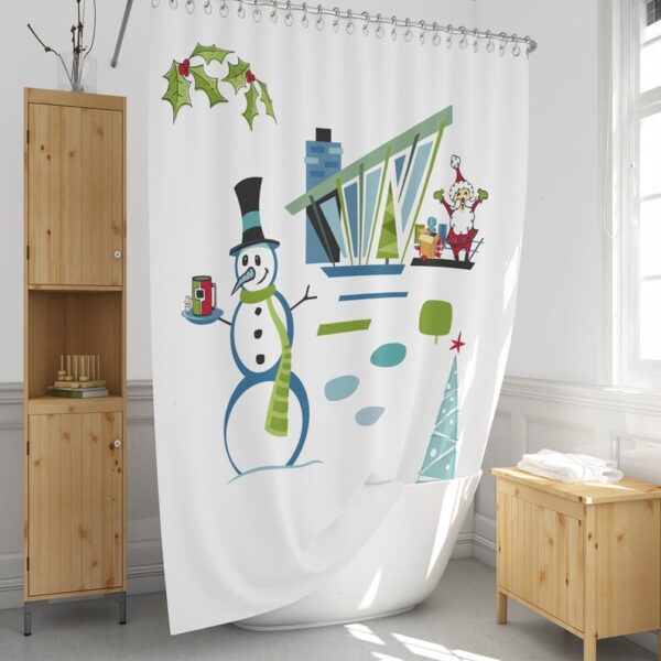 Christmas Shower Curtain, Mid Century Modern Design, Snowman Santa, Retro Holiday Decor