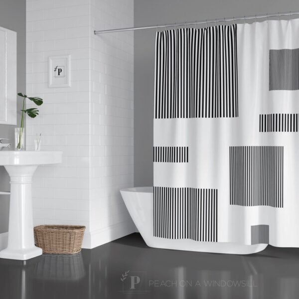 Color Block Pattern Shower Curtain, Black and White Geometric Box Bath Curtain, Modern Minimalist Designer Bathroom Decor