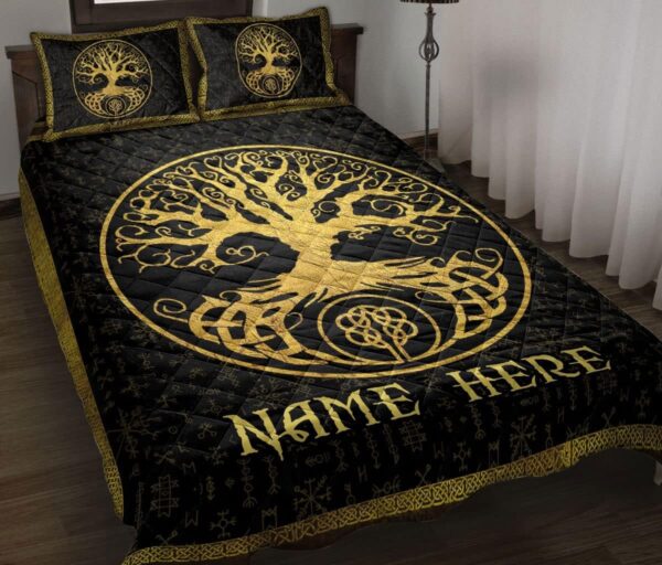 Custom Tree of Life Yggdrasil Black Mythology Norse Nordic Personalized Name Quilt Blanket & Pillowcases, Viking Quilt Bedding Set Blanket, Viking Quilt For Bedroom, Gifts for Viking Lover
