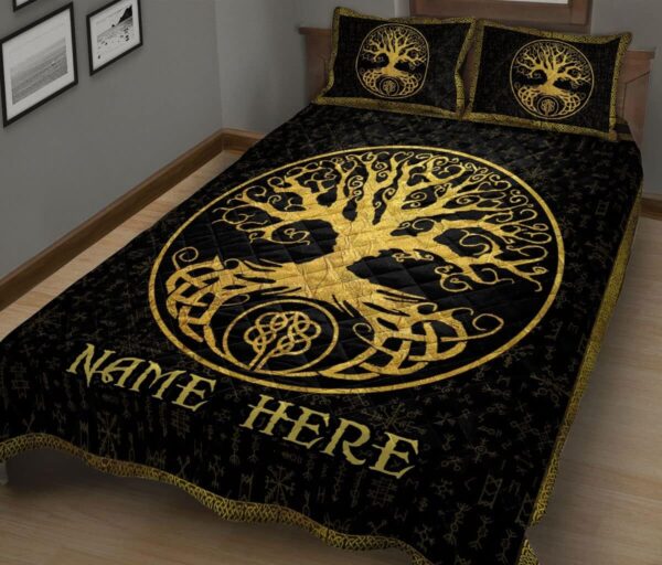Custom Tree of Life Yggdrasil Black Mythology Norse Nordic Personalized Name Quilt Blanket & Pillowcases, Viking Quilt Bedding Set Blanket, Viking Quilt For Bedroom, Gifts for Viking Lover
