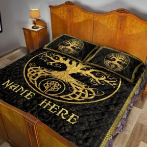 Custom Tree of Life Yggdrasil Black Mythology Norse Nordic Personalized Name Quilt Blanket & Pillowcases, Viking Quilt Bedding Set Blanket, Viking Quilt For Bedroom, Gifts for Viking Lover