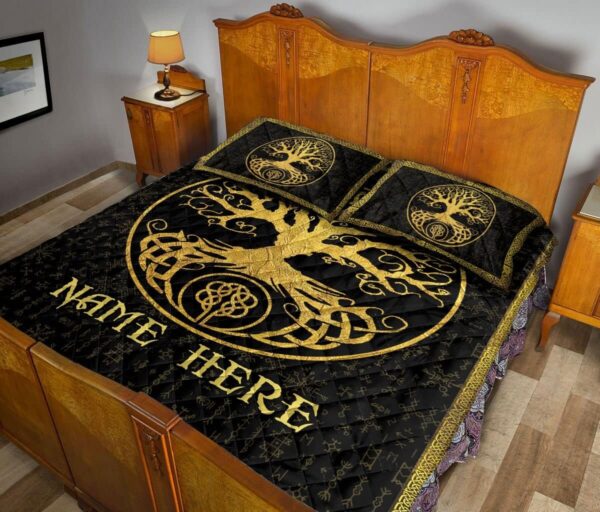 Custom Tree of Life Yggdrasil Black Mythology Norse Nordic Personalized Name Quilt Blanket & Pillowcases, Viking Quilt Bedding Set Blanket, Viking Quilt For Bedroom, Gifts for Viking Lover
