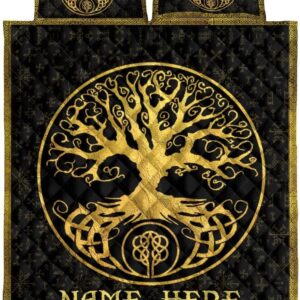 Custom Tree of Life Yggdrasil Black Mythology Norse Nordic Personalized Name Quilt Blanket & Pillowcases, Viking Quilt Bedding Set Blanket, Viking Quilt For Bedroom, Gifts for Viking Lover