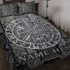 Custom Viking Celtic Compass Vegvisir Circle Norse Runes Personalized Name Quilt Blanket & Pillowcases, Viking Quilt Bedding Set Blanket, Viking Quilt For Bedroom, Gifts for Viking Lover