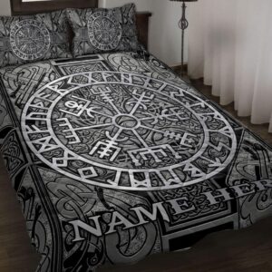 Custom Viking Celtic Compass Vegvisir Circle Norse Runes Personalized Name Quilt Blanket & Pillowcases, Viking Quilt Bedding Set Blanket, Viking Quilt For Bedroom, Gifts for Viking Lover