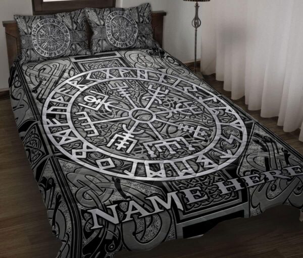 Custom Viking Celtic Compass Vegvisir Circle Norse Runes Personalized Name Quilt Blanket & Pillowcases, Viking Quilt Bedding Set Blanket, Viking Quilt For Bedroom, Gifts for Viking Lover