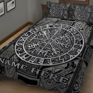 Custom Viking Celtic Compass Vegvisir Circle Norse Runes Personalized Name Quilt Blanket & Pillowcases, Viking Quilt Bedding Set Blanket, Viking Quilt For Bedroom, Gifts for Viking Lover