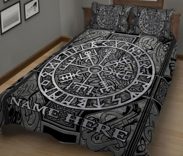 Custom Viking Celtic Compass Vegvisir Circle Norse Runes Personalized Name Quilt Blanket & Pillowcases, Viking Quilt Bedding Set Blanket, Viking Quilt For Bedroom, Gifts for Viking Lover