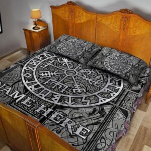 Custom Viking Celtic Compass Vegvisir Circle Norse Runes Personalized Name Quilt Blanket & Pillowcases, Viking Quilt Bedding Set Blanket, Viking Quilt For Bedroom, Gifts for Viking Lover
