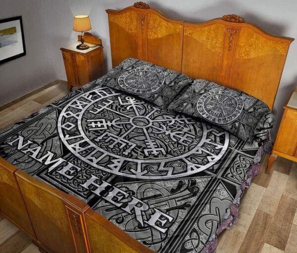 Custom Viking Celtic Compass Vegvisir Circle Norse Runes Personalized Name Quilt Blanket & Pillowcases, Viking Quilt Bedding Set Blanket, Viking Quilt For Bedroom, Gifts for Viking Lover