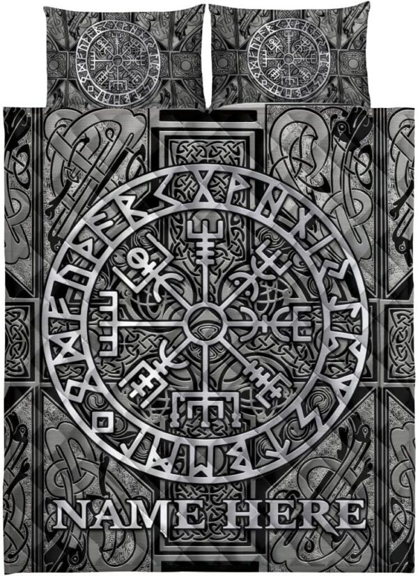 Custom Viking Celtic Compass Vegvisir Circle Norse Runes Personalized Name Quilt Blanket & Pillowcases, Viking Quilt Bedding Set Blanket, Viking Quilt For Bedroom, Gifts for Viking Lover