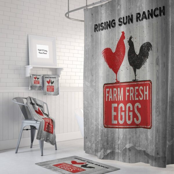 Farmhouse Shower Curtain Optional Bath Mat Bathroom Set, Rustic Primitive, Chicken, Rooster, Fresh Eggs