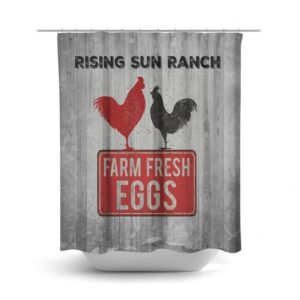 Farmhouse Shower Curtain Optional Bath Mat Bathroom Set, Rustic Primitive, Chicken, Rooster, Fresh Eggs