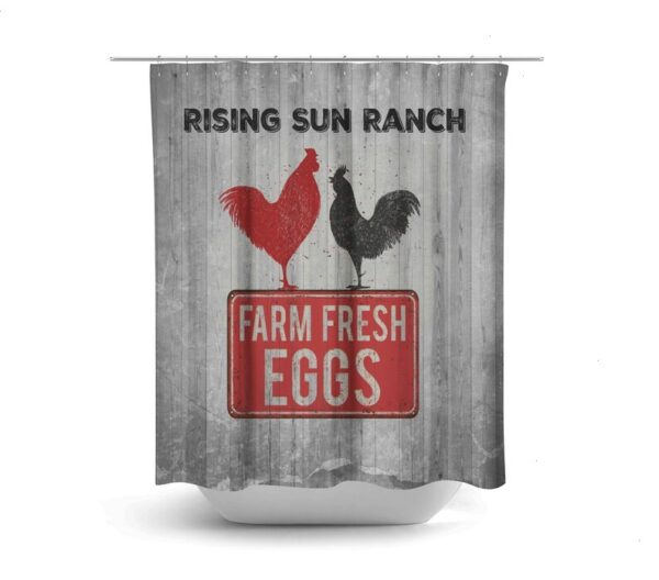 Farmhouse Shower Curtain Optional Bath Mat Bathroom Set, Rustic Primitive, Chicken, Rooster, Fresh Eggs