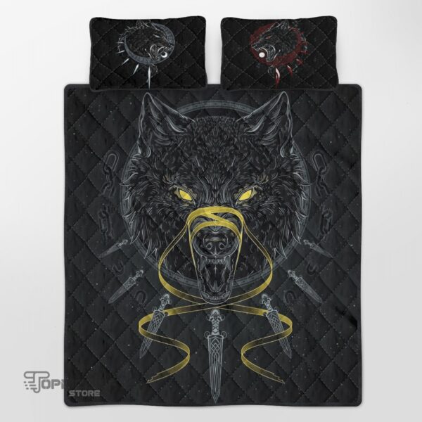 Fenirr Wolf Viking Quilt Bedding Set Throw, Twin, Queen, King Size, Viking Quilt Bedding Set Blanket, Viking Quilt For Bedroom, Gifts for Viking Lover