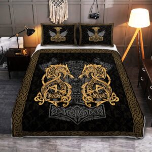 Fenrir Wolf And Hammer Quilt Bed Set, Viking Quilt Bedding Set Throw, Twin, Queen, King Size, Viking Quilt Bedding Set Blanket, Viking Quilt For Bedroom, Gifts for Viking Lover