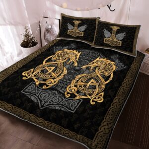 Fenrir Wolf And Hammer Quilt Bed Set, Viking Quilt Bedding Set Throw, Twin, Queen, King Size, Viking Quilt Bedding Set Blanket, Viking Quilt For Bedroom, Gifts for Viking Lover