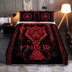 Fenrir Wolf – Valknut And Rune Quilt Bed Set, Viking Quilt Bedding Set Throw, Twin, Queen, King Size, Viking Quilt Bedding Set Blanket, Viking Quilt For Bedroom, Gifts for Viking Lover