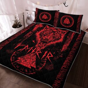 Fenrir Wolf – Valknut And Rune Quilt Bed Set, Viking Quilt Bedding Set Throw, Twin, Queen, King Size, Viking Quilt Bedding Set Blanket, Viking Quilt For Bedroom, Gifts for Viking Lover