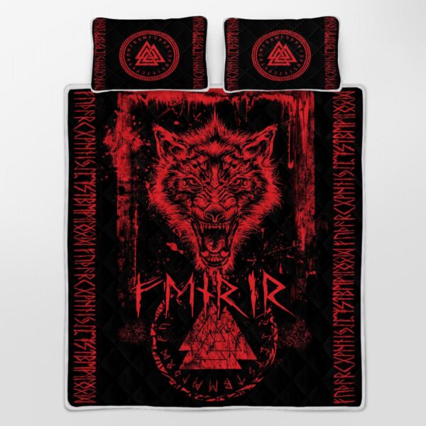 Fenrir Wolf – Valknut And Rune Quilt Bed Set, Viking Quilt Bedding Set Throw, Twin, Queen, King Size, Viking Quilt Bedding Set Blanket, Viking Quilt For Bedroom, Gifts for Viking Lover