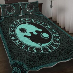 Fenrir Wolf with Skoll and Hati - Viking Quilt Set Throw, Twin, Queen, King Size, Viking Quilt Bedding Set Blanket, Viking Quilt For Bedroom, Gifts for Viking Lover