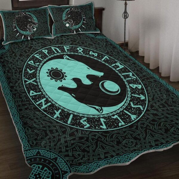 Fenrir Wolf with Skoll and Hati - Viking Quilt Set Throw, Twin, Queen, King Size, Viking Quilt Bedding Set Blanket, Viking Quilt For Bedroom, Gifts for Viking Lover