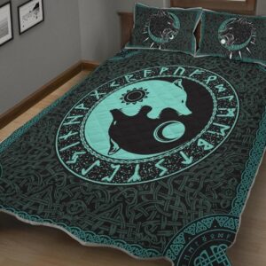 Fenrir Wolf with Skoll and Hati - Viking Quilt Set Throw, Twin, Queen, King Size, Viking Quilt Bedding Set Blanket, Viking Quilt For Bedroom, Gifts for Viking Lover