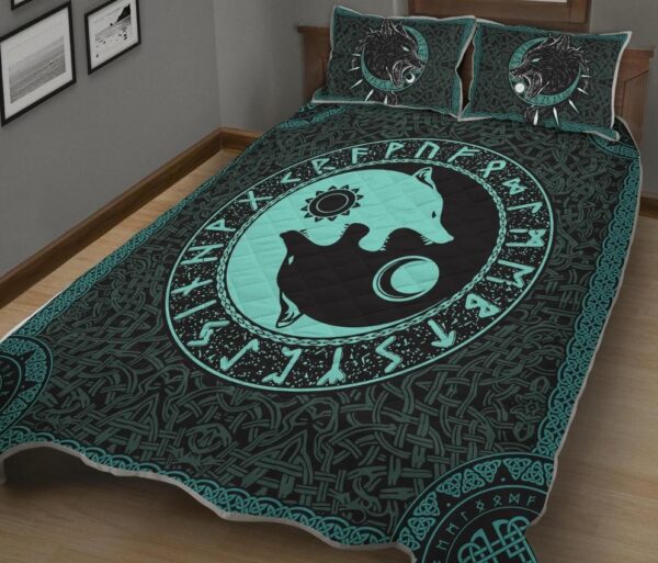 Fenrir Wolf with Skoll and Hati - Viking Quilt Set Throw, Twin, Queen, King Size, Viking Quilt Bedding Set Blanket, Viking Quilt For Bedroom, Gifts for Viking Lover