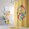 Floral Peace Sign Shower Curtain Optional Bath Mat Bathroom Set, Sunny Yellow Hippie Decor