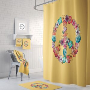 Floral Peace Sign Shower Curtain Optional Bath Mat Bathroom Set, Sunny Yellow Hippie Decor