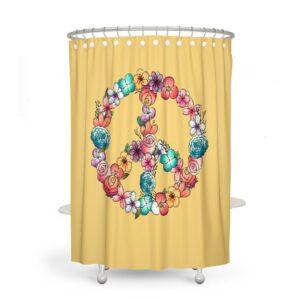 Floral Peace Sign Shower Curtain Optional Bath Mat Bathroom Set, Sunny Yellow Hippie Decor