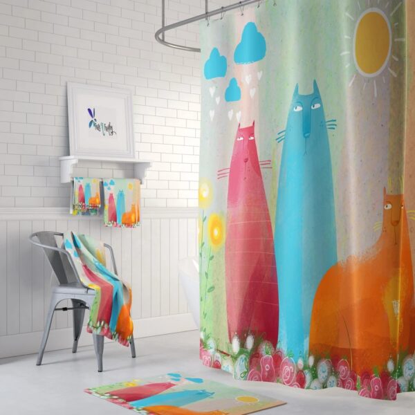 Flossie's Cats Shower Curtain, Optional Towel and Bath Mat, FolkNFunky Bathroom Decor