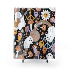 Halloween Hippie Rainbow Shower Curtain, Halloween Design, Peace Love Freedom, Disco Funky Style Bathroom Decor