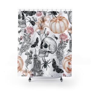 Halloween Spooky Art Shower Curtain, Halloween Bathroom Decor and Design, Skull Pumpkin Flower Art, Spider Halloween Print