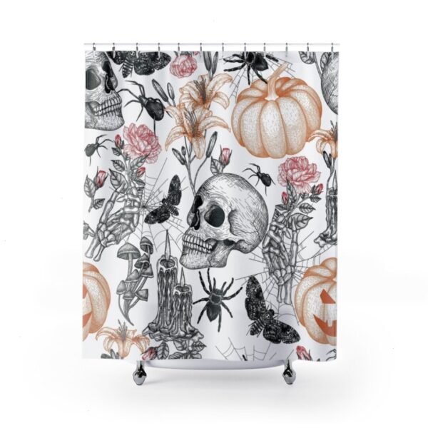Halloween Spooky Art Shower Curtain, Halloween Bathroom Decor and Design, Skull Pumpkin Flower Art, Spider Halloween Print