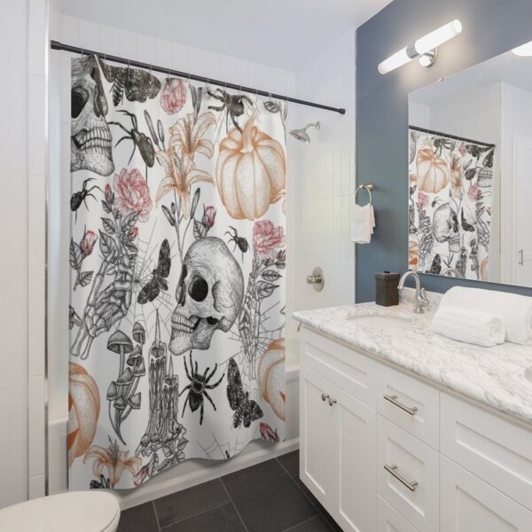 Halloween Spooky Art Shower Curtain, Halloween Bathroom Decor and Design, Skull Pumpkin Flower Art, Spider Halloween Print